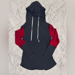 Tickled Teal Black and Red Striped Hooded Tunic